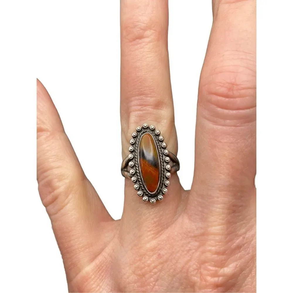 Vintage silver jasper surrounded by rope and dotted detail ring